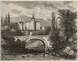 Chateau de la Rochelambert en el valle de la Borne Haute-Loire (43) - grabado en "La France illustree: geografía, historia, administración estadística" por V.-A. Malt-Brown. 1884