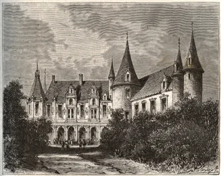 Castillo del Rocher en Mezangers en Mayenne - grabado en 