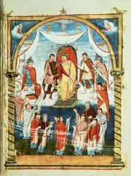 Rey Carlos II recibiendo una Biblia del Conde Vivian y los Monjes de Saint-Martin de Tours, de la Primera Biblia de Carlos el Calvo, c.843-51