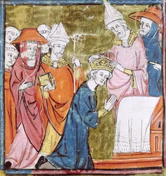 Fol. 106r: La coronación del emperador Carlomagno (742-814) por el papa León III (h. 750-816) en San Pedro, Roma, en 800, Grandes Chroniques de France, 1375-79