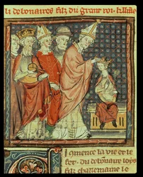 Fol. 142r: La coronación de Luis I el Piadoso (778-840), emperador del Sacro Imperio Romano Germánico, por el papa Esteban IV (papa 816-817) en Reims en 816, de las Grandes Chroniques de France, 1375-79