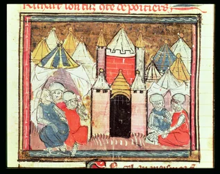 f.259r El asedio de Chateau-Gaillard en 1204 cuando Felipe Augusto de Francia (1165-1223) derrotó al rey Juan (Sin Tierra) de Inglaterra (1199-1216), de las Grandes Crónicas de Francia, 1375-79