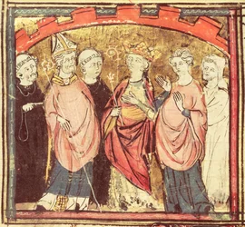 Dagoberto I (605-39), rey de los francos recibiendo el Reino de Francia, de las Grandes Crónicas de Francia, 1375-79