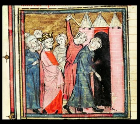 Carlos Martel supervisa el castigo y destierro de dos hombres, de las Grandes Crónicas de Francia, 1375-79