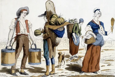 Ilustración de los trajes de París en el siglo XVIII: aguador, mercader de melones, chiffonnier, mercader de placeres.