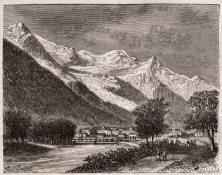 El valle de Chamonix y el Mont Blanc - grabado en “La France illustrée: géographie, histoire, administración statistique” por V.A. Malt-Brown. 1884