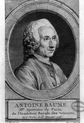 Retrato de Antoine Baumé (1728-1804), químico y farmacéutico francés. Apotecario de París. Grabado de 1772.