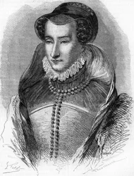 Retrato de Juana III de Albret (1528-1572), madre del Rey Enrique IV y esposa de Antonio de Borbón (1528-1572). En "Historia Popular de Francia", circa 1885. Grabado.