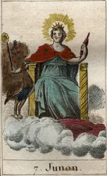 Representación de Juno, reina de los dioses y del cielo, hermana y esposa de Júpiter. De “Mitología de la juventud” por Pierre Blanchard 1803