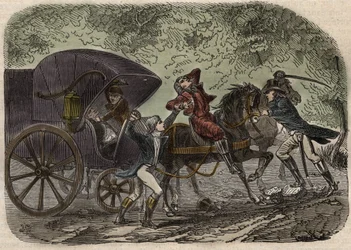 El asunto del correo de Lyon - La malle-poste es atacada en Seine et Marne por 5 individuos el 28 de abril de 1796 - Grabado en “Causas célebres de todos los pueblos” por Armand Fouquier (1817-18?) 1858-1867 - Colección privada