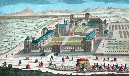 Vista del Castillo de Vincennes - Castillo de Vincennes cerca de París, en vista de pájaro - grabado del siglo XVIII - Vista en perspectiva del castillo: los jardines, dibujo de Le Notre para Luis XIV al oeste del calabozo