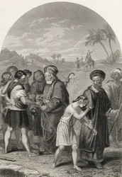 José vendido por sus hermanos, grabado por S. Allen, de "The National Illustrated Family Bible", publicado hacia 1870 (litografía).