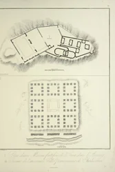 Plano de una vivienda inca fortificada en Assuay; y ruinas de la antigua ciudad peruana de Chulucanas, grabado por Bouquet, ilustración de 