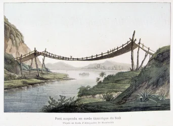 Puente colgante de cuerda en Sudamérica, basado en un dibujo de Alexander Von Humboldt