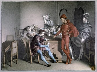 Fausto, el milagro del vino. después de 1816 (grabado en color)