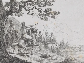 Cosacos cabalgando a lo largo de una ribera