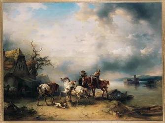 Caballos tirando de barcas descansando cerca de un pub en el Danubio (pintura sobre madera)