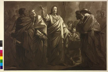 Grabado al aguatinta de Henry Frederick Fueger Cristo y la adúltera (aguatinta)