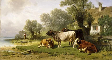 Ganado en un corral junto a un río con un pescador al fondo, 1881