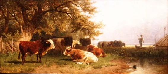 Ganado bebiendo en un paisaje