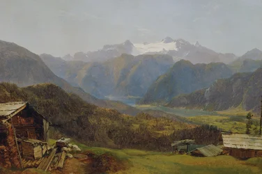 Vista del lago Hallstatt y el Dachstein desde el Hütteneckalm