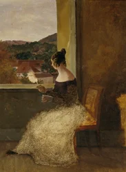 Señora en la ventana con rueca