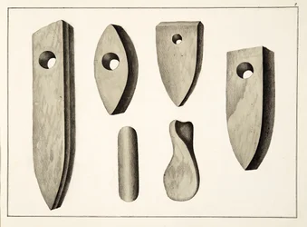 Armas de piedra, lámina de Una historia del desarrollo y costumbres de la caballería, por Dr. Franz Kottenkamp, publicado por Carl Hoffmann, 1842