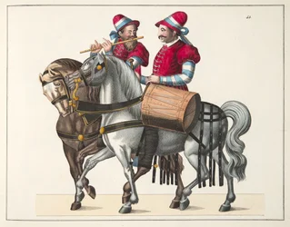 Dos músicos en un torneo, lámina de Una historia del desarrollo y costumbres de la caballería, por Dr. Franz Kottenkamp, publicado por Carl Hoffmann, 1842