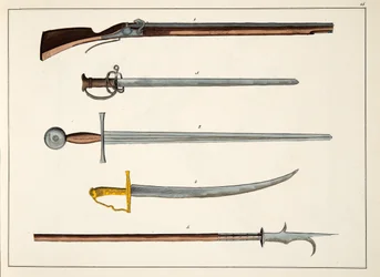 Armas incluyendo espadas y lanzas, c.1400, lámina de Una historia del desarrollo y costumbres de la caballería, por Dr. Franz Kottenkamp, publicado por Carl Hoffmann, 1842