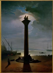 La columna de San Marcos en Venecia a la luz de la luna