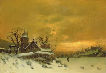 Paisaje invernal con vista de edificios al atardecer