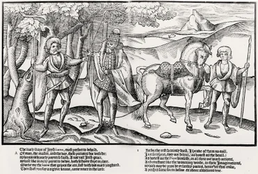 Un soldado con un hacha de guerra entrega una lanza a un jefe irlandés vestido de gala, con un paje sujetando el caballo del jefe, lámina 1 de "The Image of Ireland" de John Derricke.