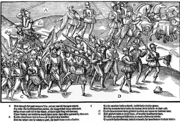 Los soldados ingleses regresan triunfantes, portando cabezas irlandesas cortadas y llevando a un cautivo por un cabestro, lámina 5 de "The Image of Ireland" de John Derricke.