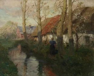 Un río en Normandía con una mujer cargando agua