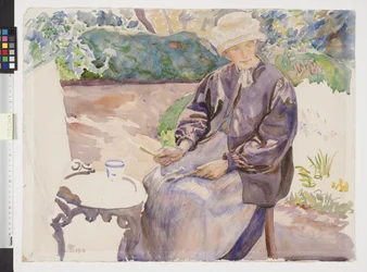 La esposa del artista, la pintora Anna Syberg, en el jardín del herrero