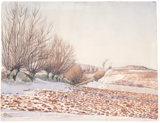 Paisaje con sauces y campo arado en la nieve