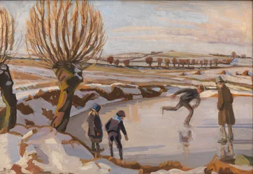 El invierno ha llegado. Paisaje con patinadores