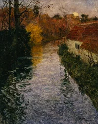 Paisaje de Río con una Cabaña en Otoño