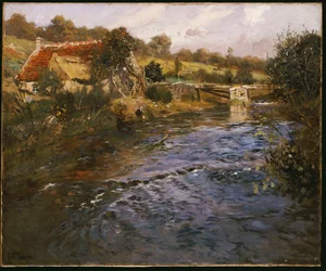 Paisaje fluvial con una lavandera