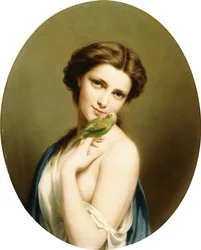 Una joven belleza con un periquito