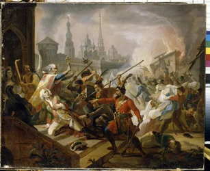 Guerra de los campesinos rusos de 1773-1775 (Yaik Cossack Jacquerie): la batalla de Kazán en julio de 1774, escenario de la revuelta de Emelian Ivanovich Pugachev (Iemelian o Emilian Pugachov) (1742-1775). (La batalla de Pugachev en Kazán en julio de 1774.