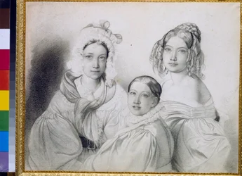 Retratos de las condesas Praskovia (1817-1835), Nadezhda (1822-1840) y Maria (1813-1849), hijas del príncipe ruso Piotr Viazemski (Pierre Wiazemsky) (1792-1878) - Dibujo de Feodor (Fidelio) Bruni ( 1799- 1875)