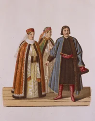 Ropa de las hijas solteras de los Boyardos en la época de Pedro I De la serie Ropa de los