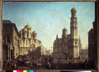 La plaza de la catedral en el Kremlin de Moscú. Pintura de Fyodor Yakovlevich Alexeev (1753-1824). Óleo sobre lienzo, 81,5 x 112 cm. Galería Estatal Tretyakov, Moscú.