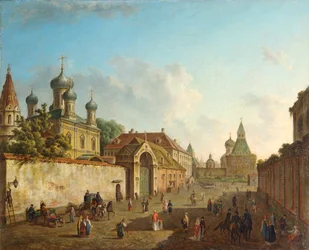 Vista desde la Plaza Lubyanka hacia la Puerta de Vladímir en Moscú, Rusia, 1800s