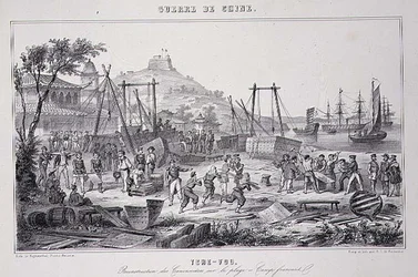 Reensamblaje de cañoneras en la playa de Tche-Fou, de 
