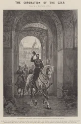 La coronación del zar, la entrada estatal en Moscú, el zar pasando por la Puerta Santa hacia el Kremlin