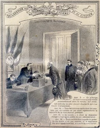 1789: Declaración de los Derechos del Hombre y del Ciudadano: soberanía nacional. Grabado en «El libro único de moral e instrucción cívica, destinado a los alumnos de los tres cursos de la escuela primaria y a los de las clases primarias de los liceos y