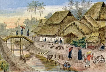 Un pueblo annamés, Indochina francesa, c.1900 (ilustración)