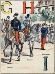 Letras G H I: General, Húsar e Instructor. Grabado en "Alphabet militaire", serie Grand-Bebe. Grabado. Imágenes de Pont-a-Mousson. Louis Vagne, Impresor-Editor, circa 1900. Ilustraciones de G. Dascher. 20 páginas. Dim: 31,5x24,5cm